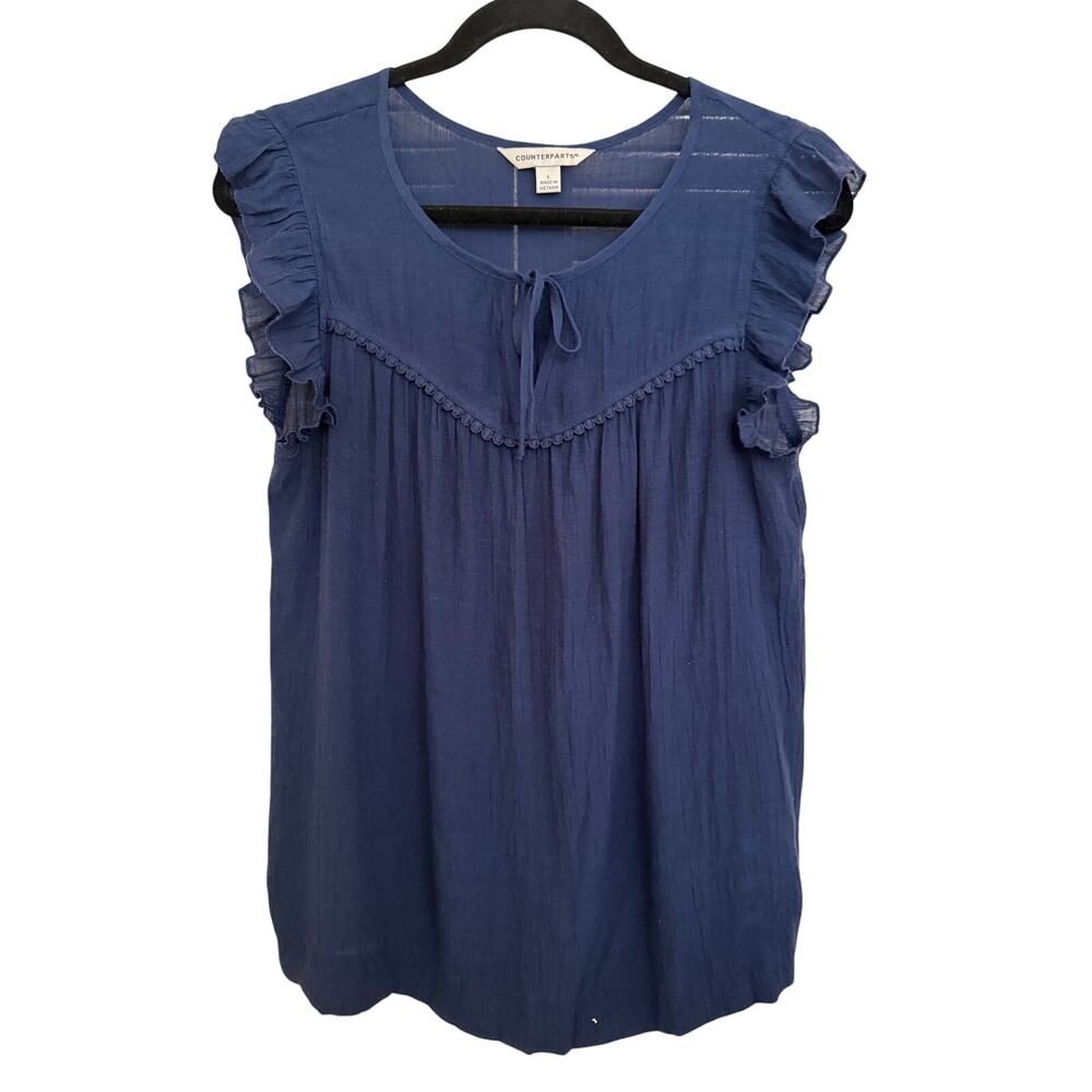 Counterparts Navy Blue Ruffle Sleeve Front Tie Blouse Large Cottagecore Boho